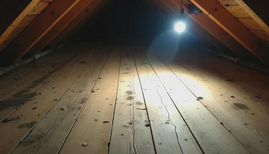 Inspecting the underside of older roof decking in the attic Attic view of older roof decking with a flashlight beam highlighting subtle staining along the rafters.