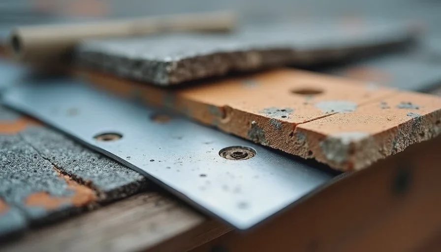 Close-up of older roof decking and flashing exposed during tear-off, showing conditions that add cost.