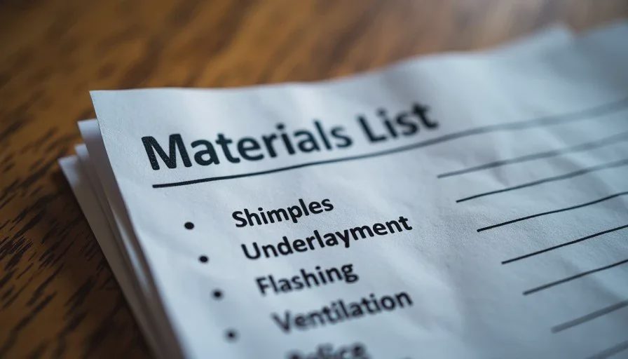 Material and detail section of a roofing scope Close-up of a roofing scope page listing shingles, underlayment, flashing, and ventilation details.
