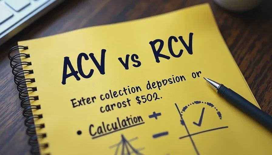 Yellow legal pad with handwritten notes explaining ACV versus RCV and depreciation on an older roof claim.