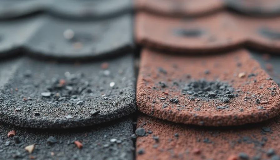 Side-by-side close-up of older roof showing long-term granule loss next to localized hail impact marks.