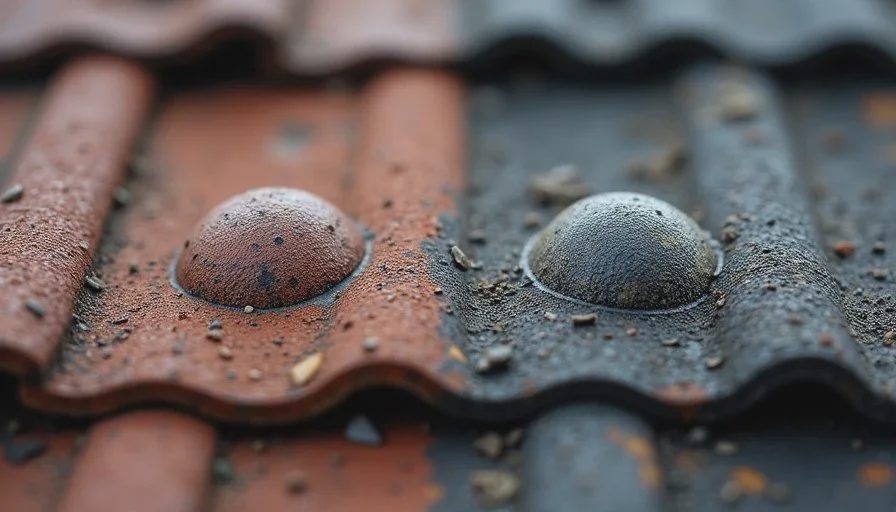 Close-up comparison of hail impact marks next to uniform granule loss from aging on an older shingle roof.