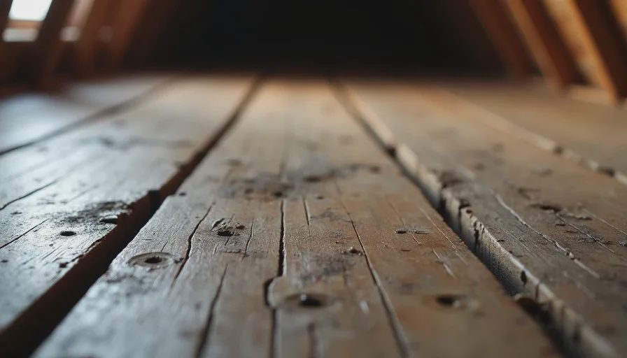 Stained roof decking seen from the attic Close-up of darkened and stained roof decking in an older attic indicating long-term moisture exposure.