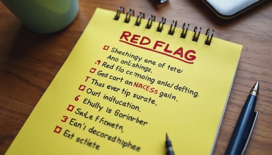 Yellow legal pad listing red flags about vague decking and flashing language in a roofing quote.