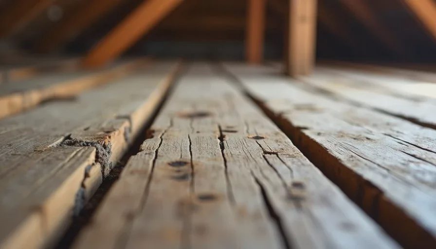 Attic confirmation of soft decking under surface wear Attic view of older roof decking showing darkened areas that correspond to soft spots above.