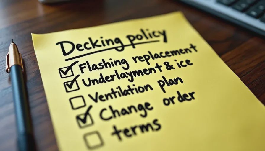 Essential scope checklist before signing a roofing contract Yellow legal pad with handwritten checklist of essential roofing scope items for an older home.
