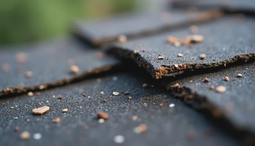 Curling tabs and granule loss on an aging roof Close-up of older asphalt shingles with curling edges and significant granule loss.