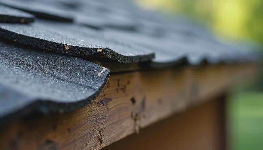 Soft decking and surface wear on an older roof Close-up of older roof surface and exposed decking edge showing soft area and wear.