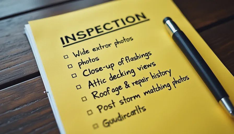 Pre-claim documentation checklist Yellow legal pad with a handwritten checklist of items to document before filing a roof insurance claim.