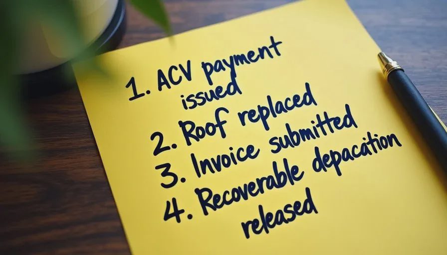 Payment sequence: ACV first, recoverable depreciation later Handwritten sequence showing initial ACV payment followed by recoverable depreciation after roof work is completed.