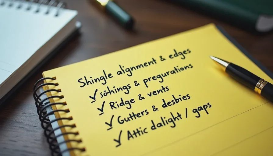 Workmanship checklist for the first weeks after roof installation Yellow legal pad with a handwritten checklist of workmanship items to review after the roofing crew leaves.