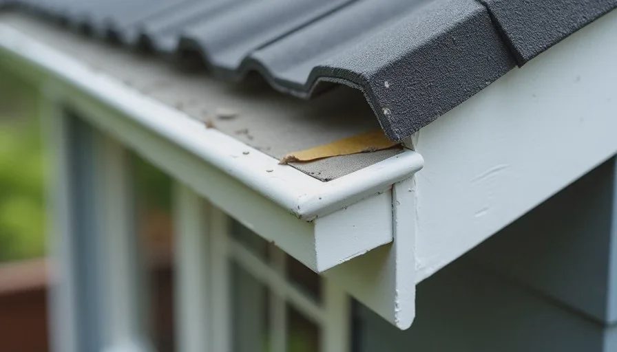 Clear gutters and edge details that protect a new roof Close view of new roof edge, clear gutter, and soffit area on an older home supporting longer roof life.