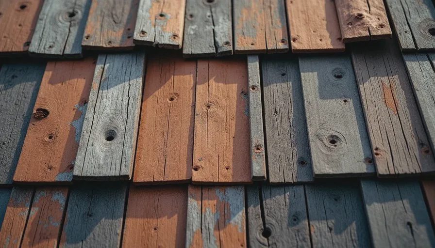 Close-up of older roof decking after shingle removal, showing varied board condition and nail patterns.