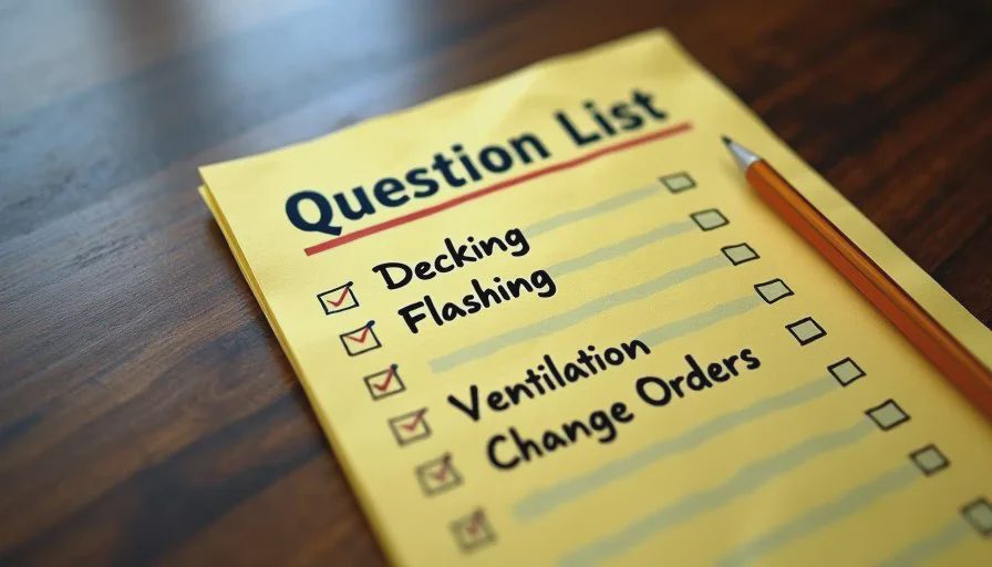 Full question checklist for older home roofing bids Checklist of essential questions for comparing roofing contractors on older homes, written on a legal pad.