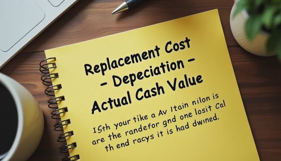 Simple ACV calculation example for an older roof Yellow legal pad illustrating replacement cost minus depreciation equaling actual cash value on a roof claim.