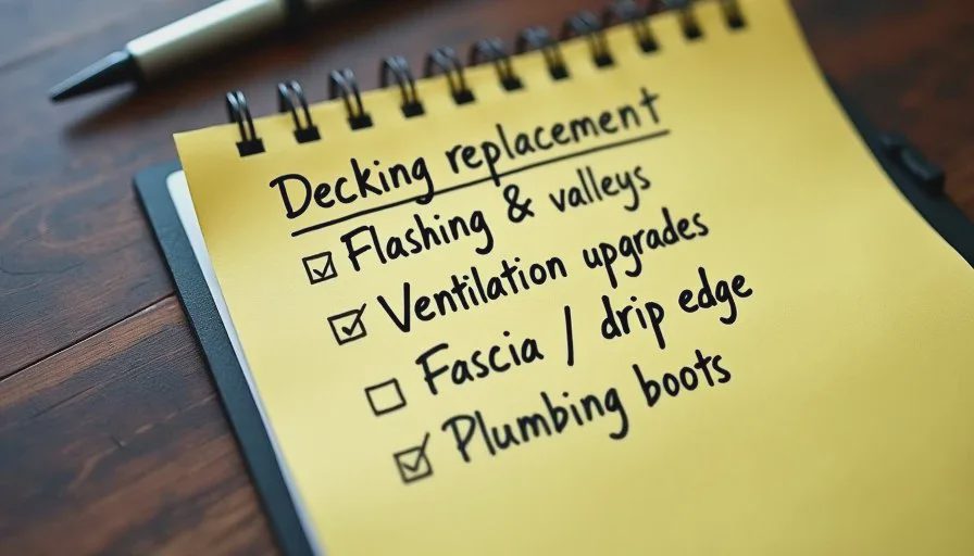 Yellow legal pad listing common budget items homeowners miss until roof tear-off begins.