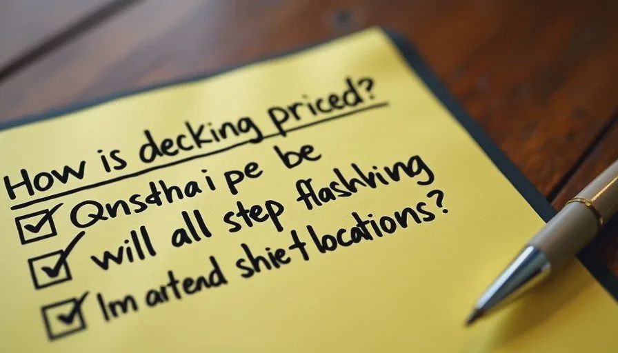 Key questions written beside roofing quotes Close-up of handwritten notes on a legal pad listing questions about decking replacement and flashing for older home roof quotes.