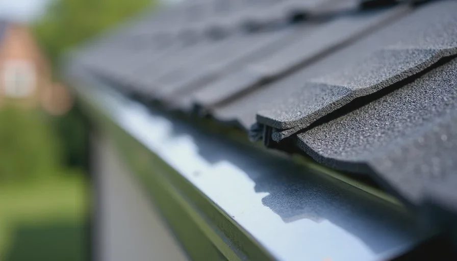 Checking edges and flashings in the first week Close-up of new roof edge, drip edge, and step flashing on an older home after installation.