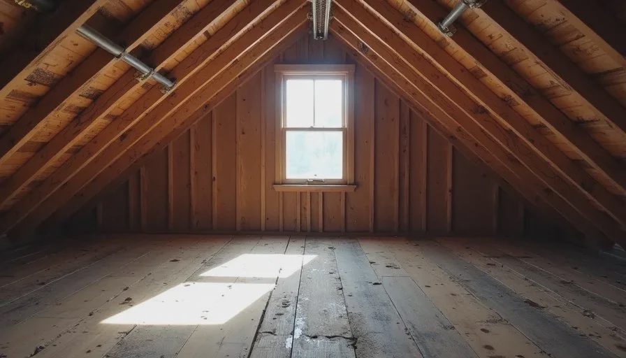 Attic staining and ventilation conditions on an older roof Attic view of older roof decking with visible staining and limited ventilation openings.